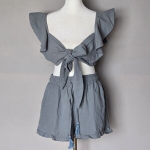 Women's Gray Ruffle Tie-Front Shorts